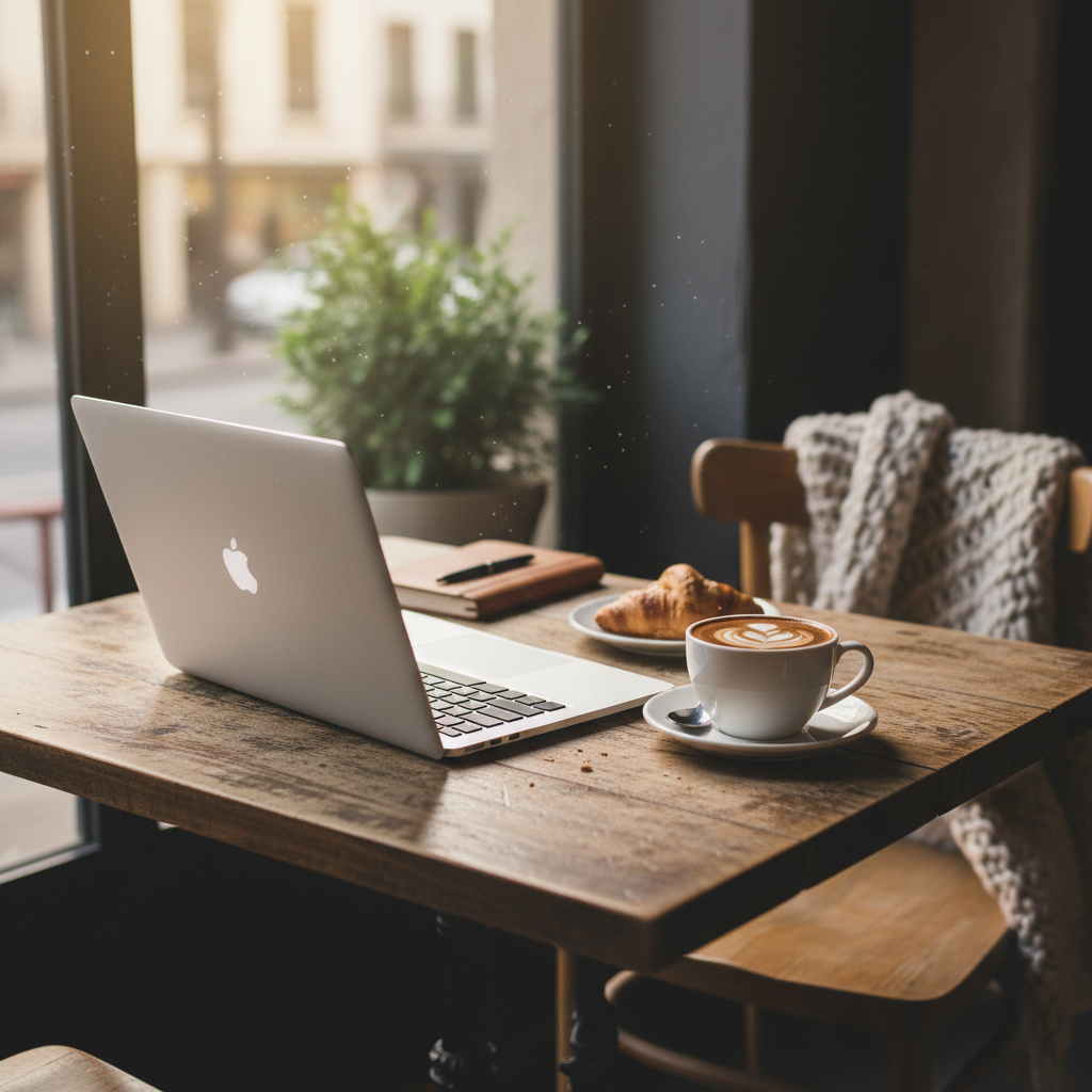 Laptop und Kaffee am Holztisch